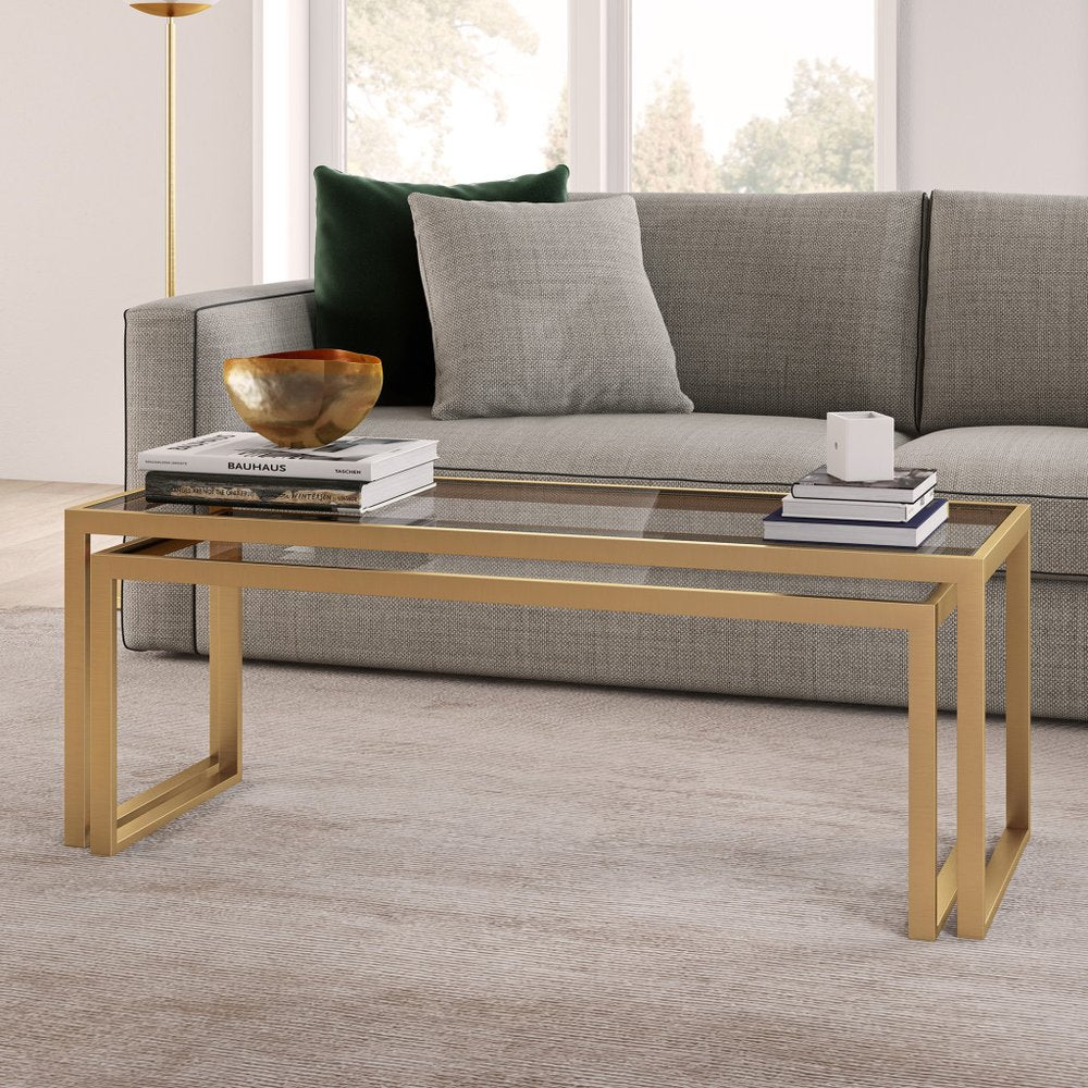 Set of Two Gold Glass And Steel Sled Nested Coffee Tables