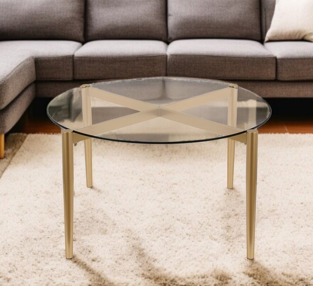 36" Clear And Gold Glass And Steel Round Coffee Table