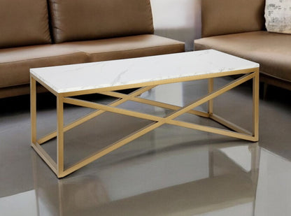 46" Gold Faux Marble And Steel Coffee Table