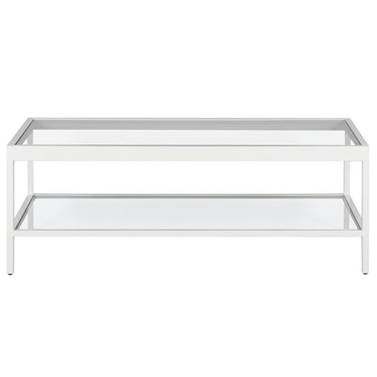 45" Clear Glass And White Steel Coffee Table With Shelf