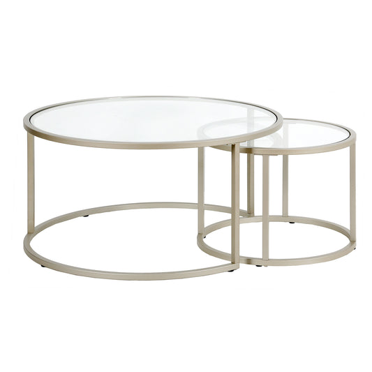 Set of Two 35" Silver Glass And Steel Round Nested Coffee Tables