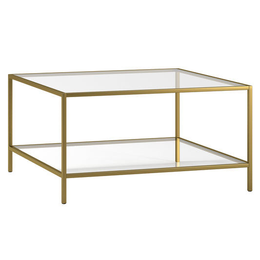 32" Gold Glass And Steel Square Coffee Table With Shelf