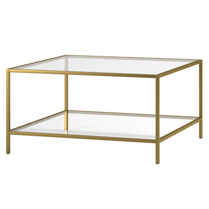 32" Gold Glass And Steel Square Coffee Table With Shelf