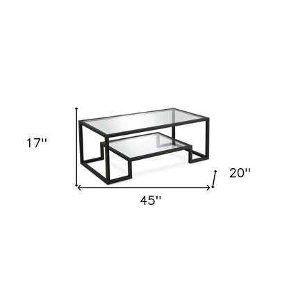 45" Clear And Black Glass And Steel Sled Coffee Table With Shelf