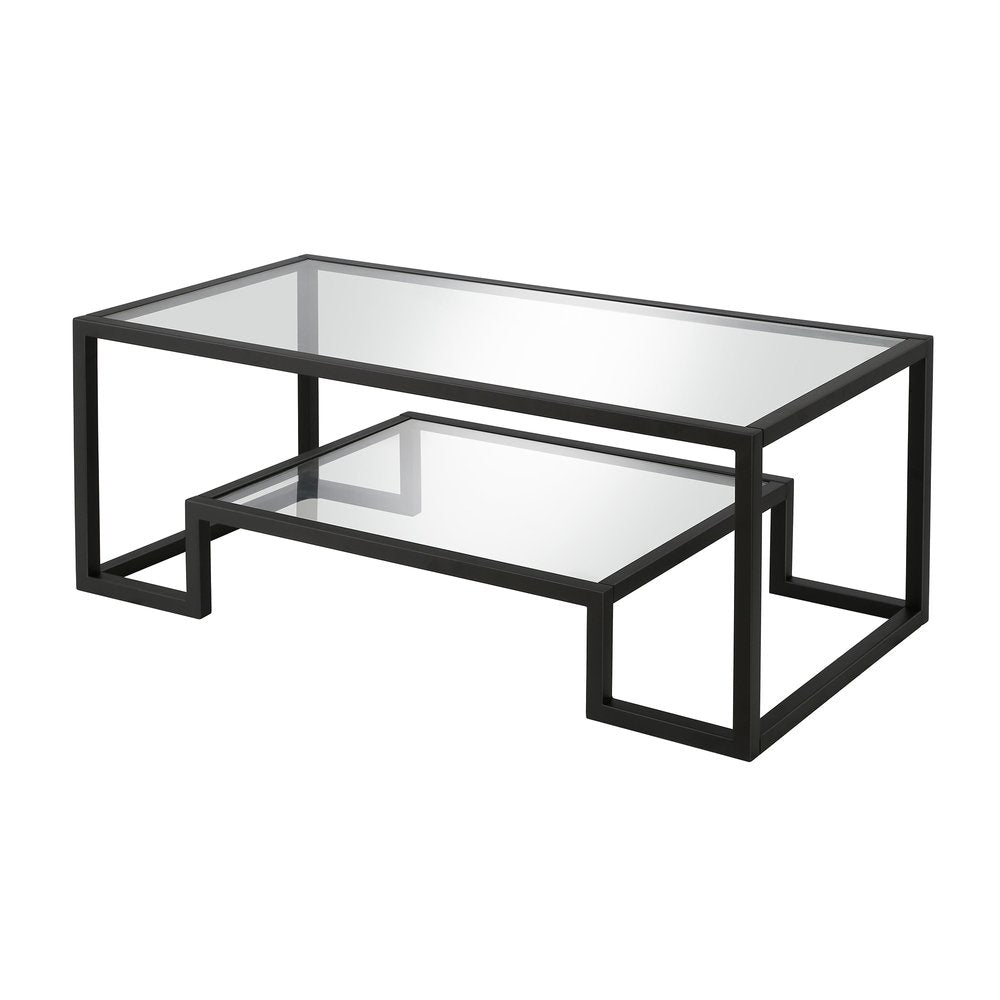 45" Clear And Black Glass And Steel Sled Coffee Table With Shelf