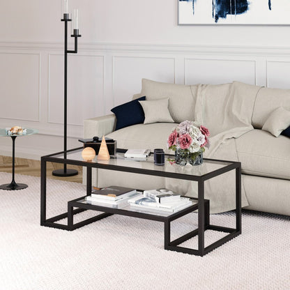 45" Clear And Black Glass And Steel Sled Coffee Table With Shelf