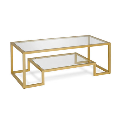 45" Clear And Gold Glass And Steel Sled Coffee Table With Shelf