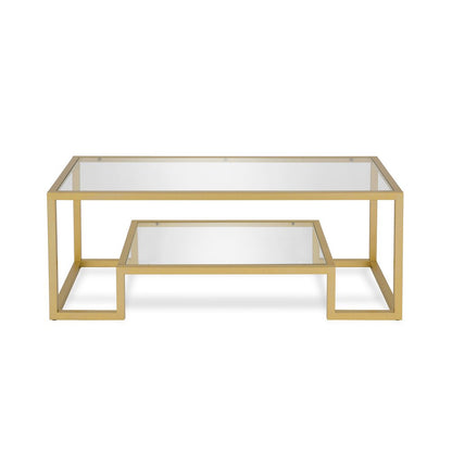 45" Clear And Gold Glass And Steel Sled Coffee Table With Shelf