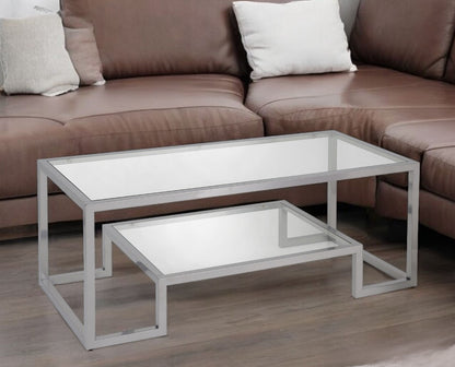 45" Silver Glass And Steel Coffee Table With Shelf