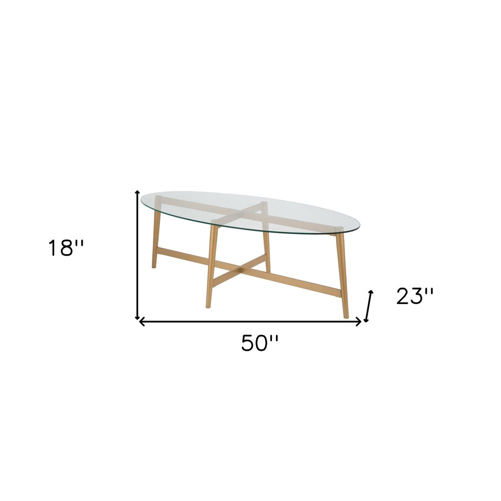 50" Clear And Gold Glass And Steel Oval Coffee Table