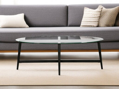 50" Clear And Black Glass And Steel Oval Coffee Table