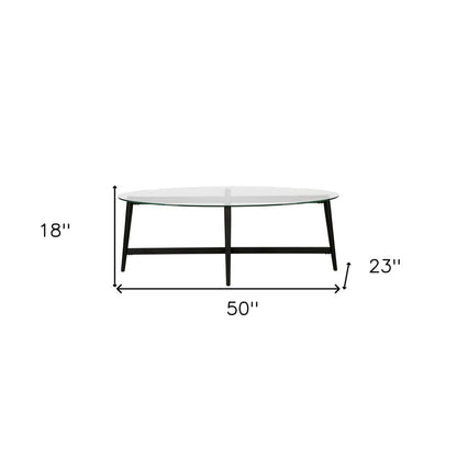 50" Clear And Black Glass And Steel Oval Coffee Table