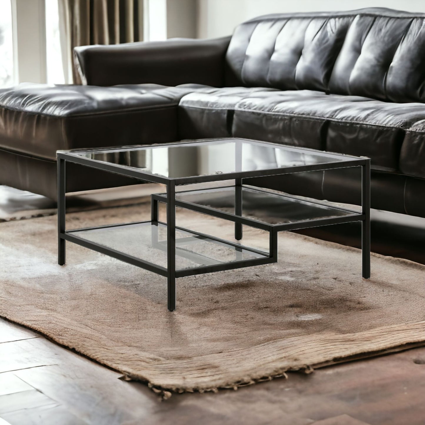 32" Black Glass And Steel Square Coffee Table With Two Shelves