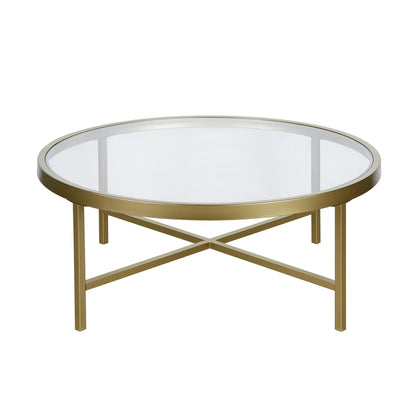 36" Gold Glass And Steel Round Coffee Table