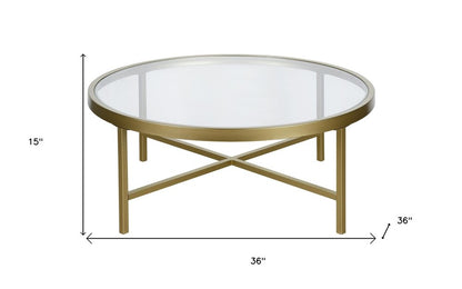 36" Gold Glass And Steel Round Coffee Table