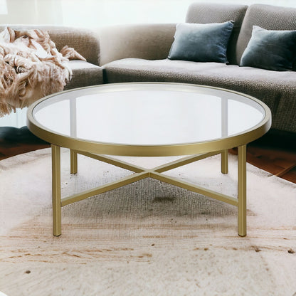 36" Gold Glass And Steel Round Coffee Table