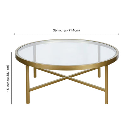 36" Gold Glass And Steel Round Coffee Table