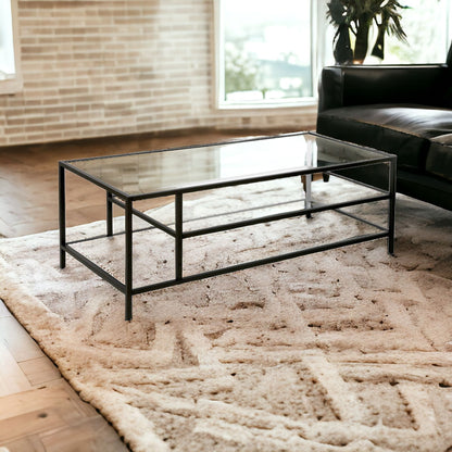 46" Black Glass And Steel Coffee Table With Two Shelves