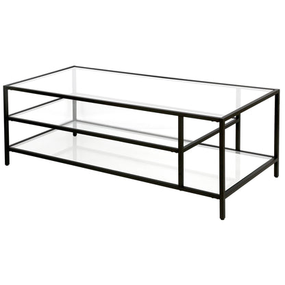 46" Black Glass And Steel Coffee Table With Two Shelves