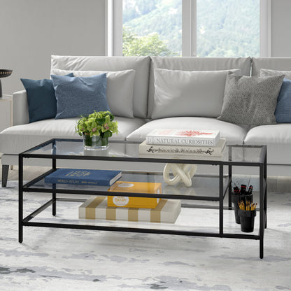 46" Black Glass And Steel Coffee Table With Two Shelves