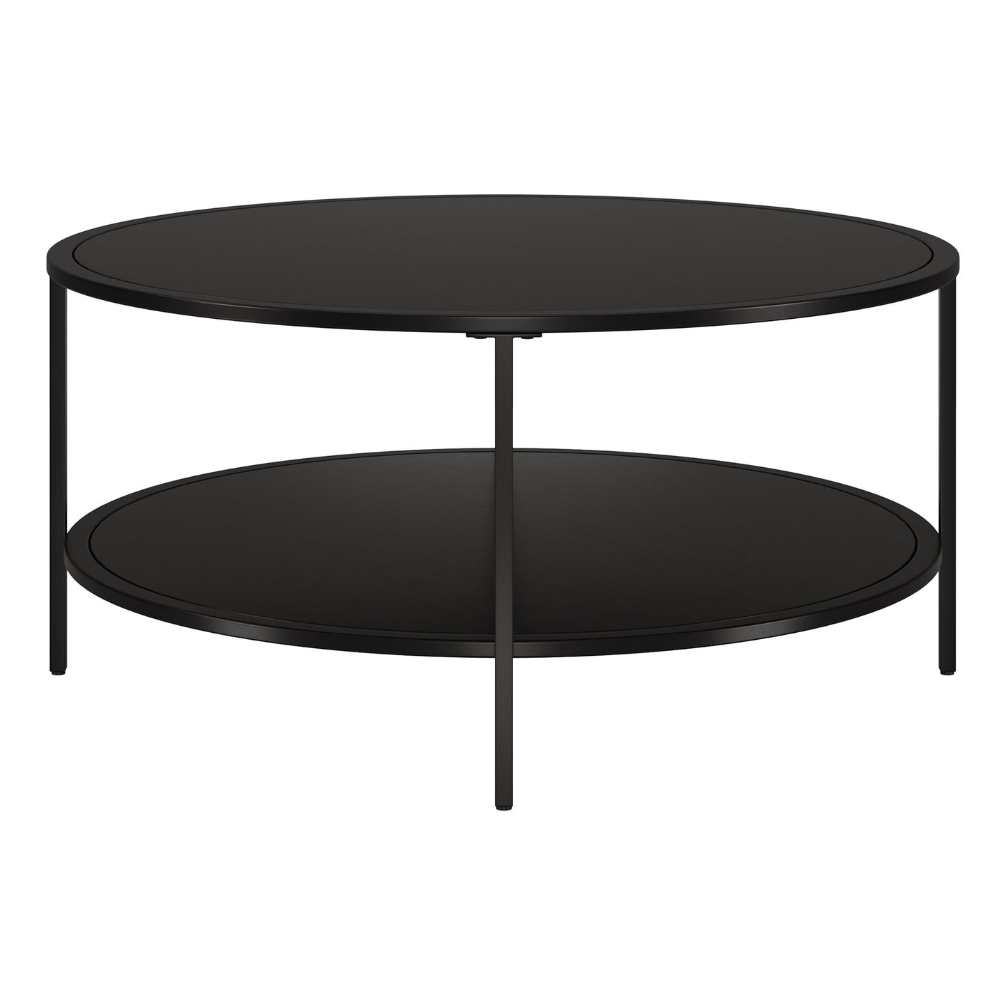 36" Black Glass And Steel Round Coffee Table With Shelf