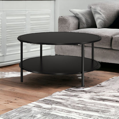 36" Black Glass And Steel Round Coffee Table With Shelf