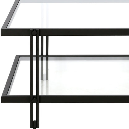 32" Clear And Black Glass And Steel Square Coffee Table With Shelf