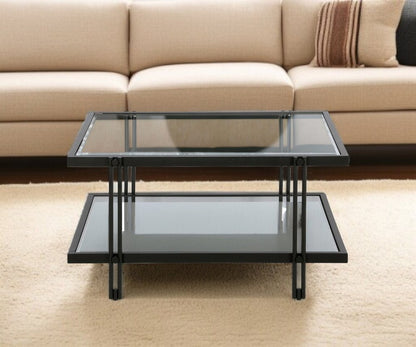 32" Clear And Black Glass And Steel Square Coffee Table With Shelf