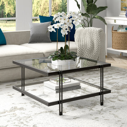 32" Clear And Black Glass And Steel Square Coffee Table With Shelf