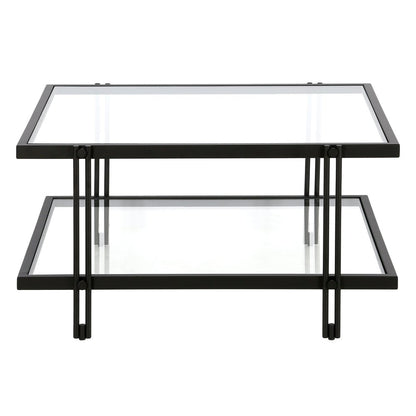 32" Clear And Black Glass And Steel Square Coffee Table With Shelf
