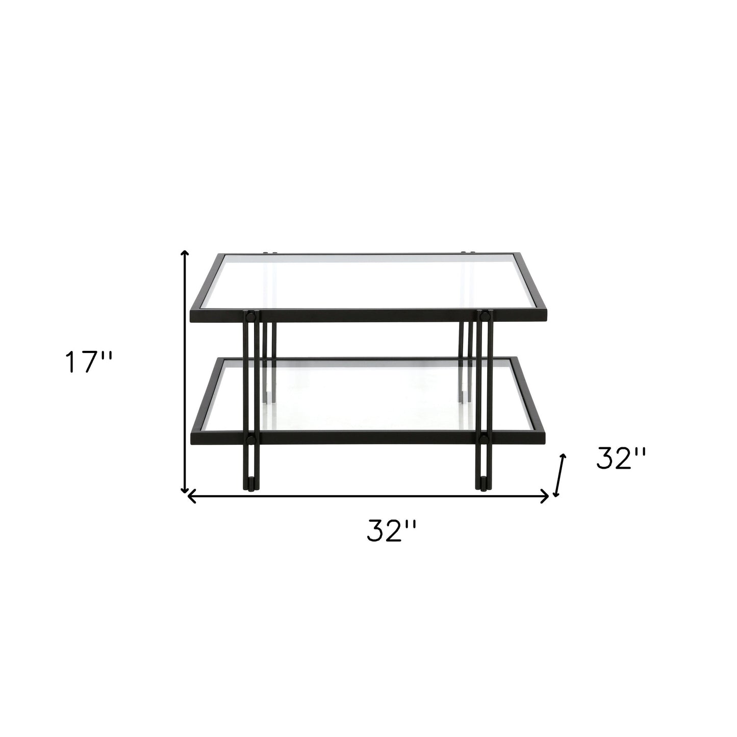 32" Clear And Black Glass And Steel Square Coffee Table With Shelf