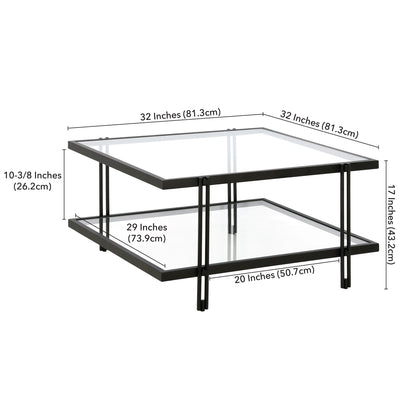 32" Clear And Black Glass And Steel Square Coffee Table With Shelf