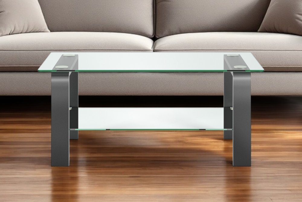 40" Gray Glass And Steel Coffee Table With Shelf
