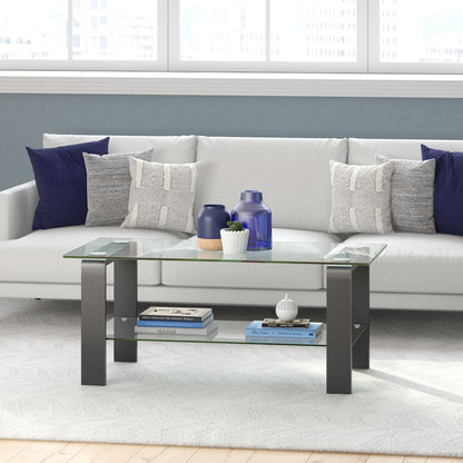 40" Gray Glass And Steel Coffee Table With Shelf