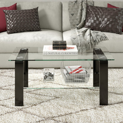 40" Black Glass And Steel Coffee Table With Shelf