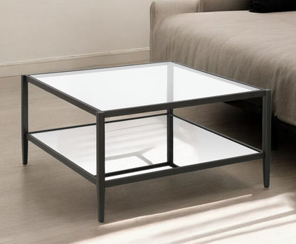 32" Clear And Black Glass And Steel Square Coffee Table With Shelf