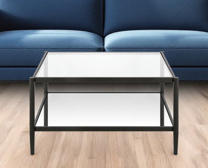 32" Clear And Black Glass And Steel Square Coffee Table With Shelf