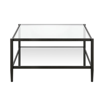 32" Clear And Black Glass And Steel Square Coffee Table With Shelf