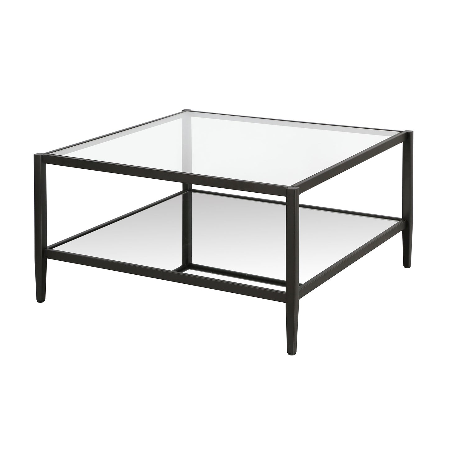 32" Clear And Black Glass And Steel Square Coffee Table With Shelf