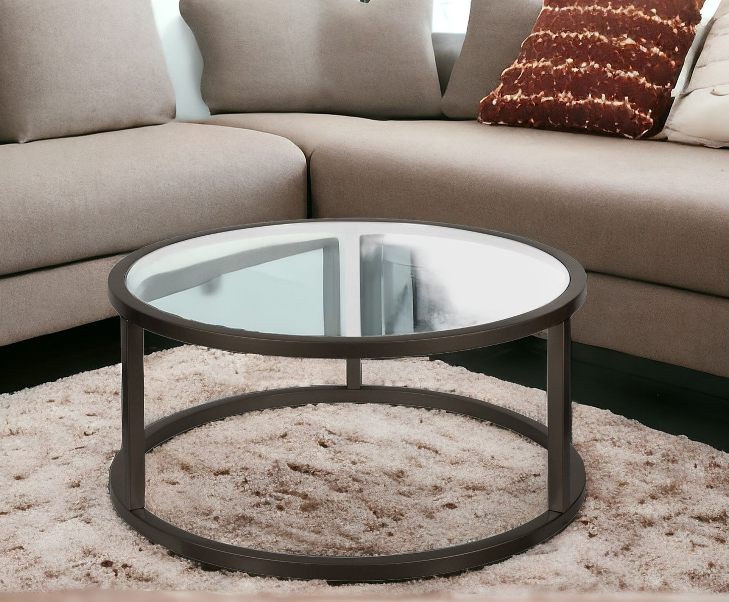 35" Black Glass And Steel Round Coffee Table