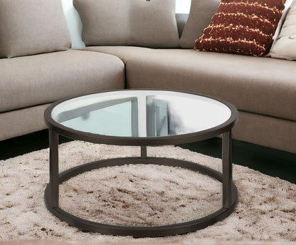 35" Black Glass And Steel Round Coffee Table