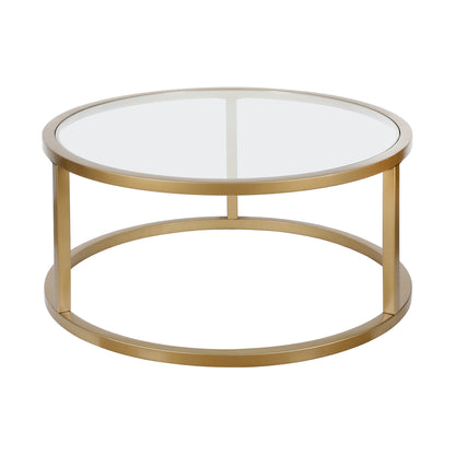 35" Gold Glass And Steel Round Coffee Table