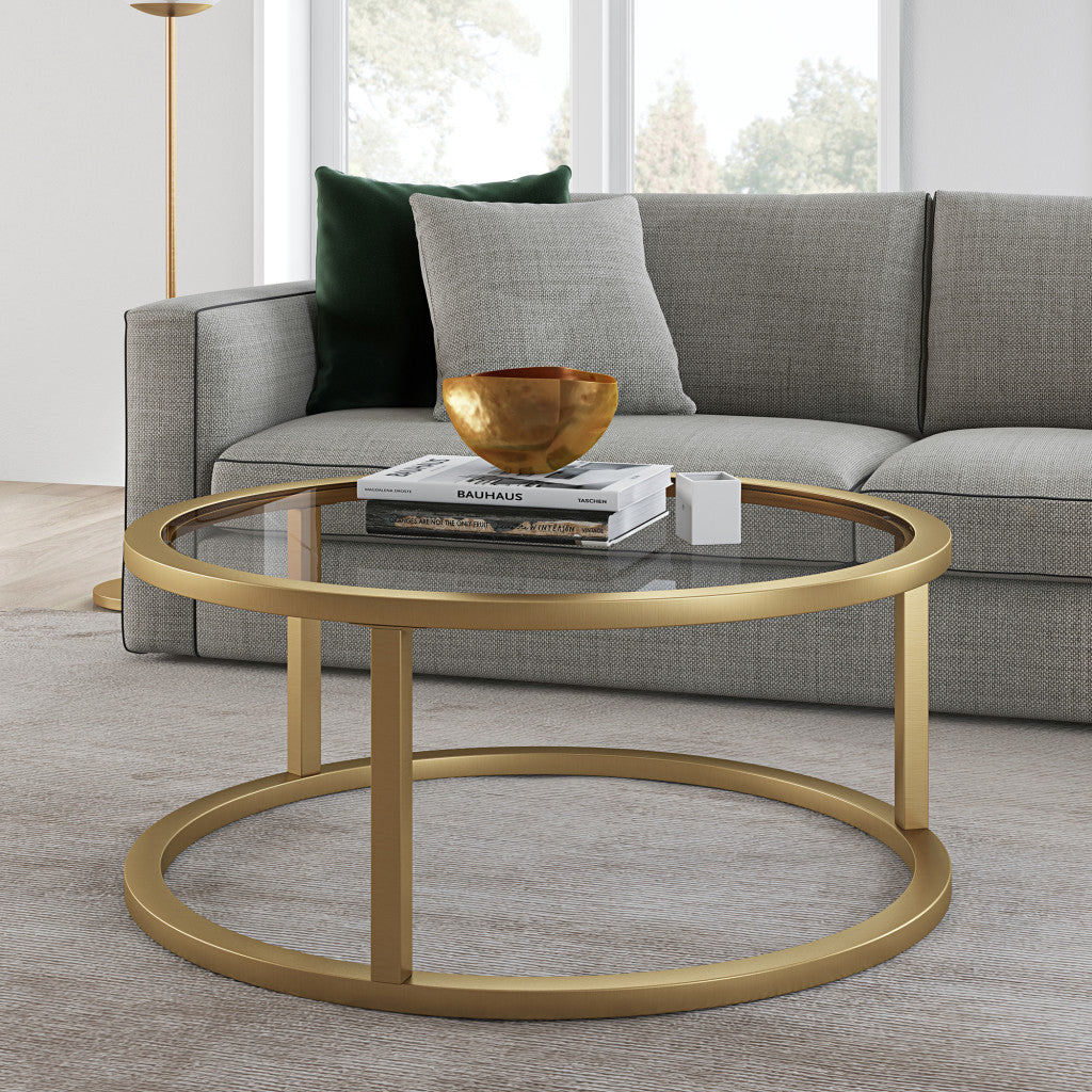 35" Gold Glass And Steel Round Coffee Table