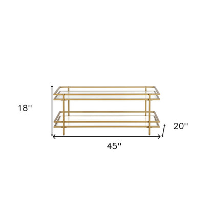 45" Gold Glass And Steel Coffee Table With Shelf
