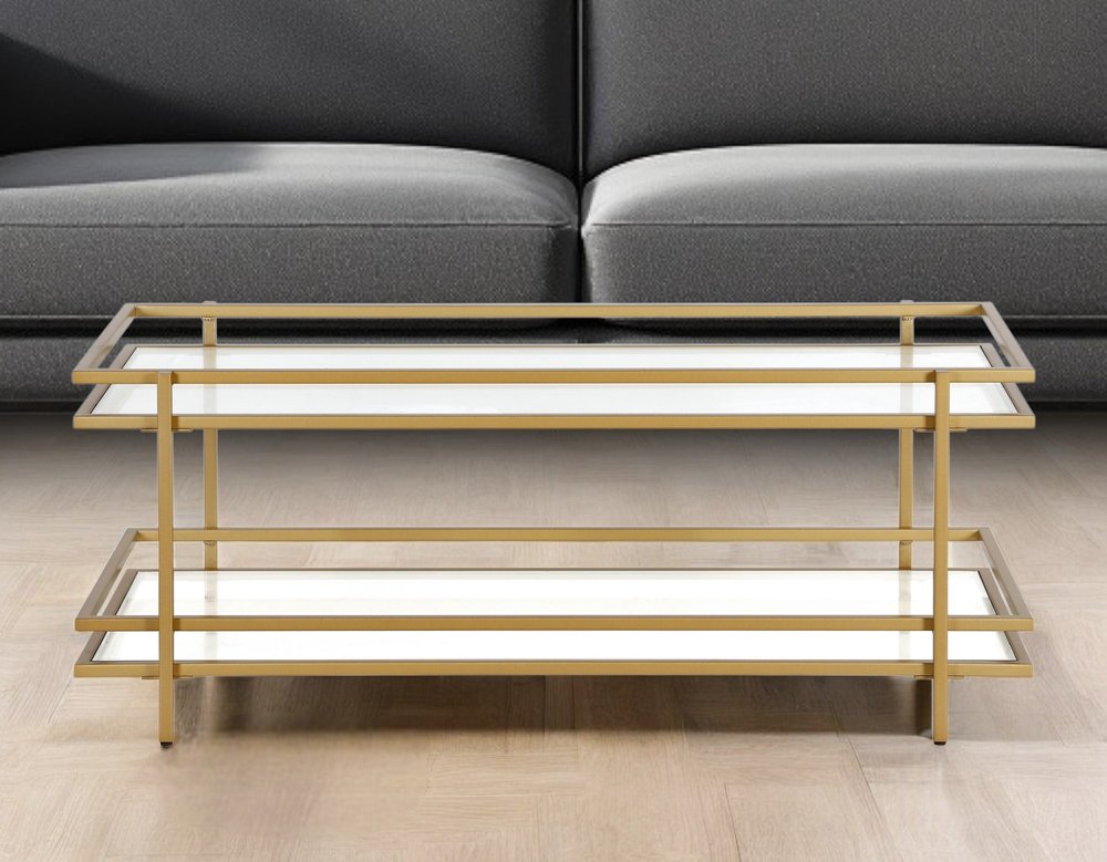 45" Gold Glass And Steel Coffee Table With Shelf