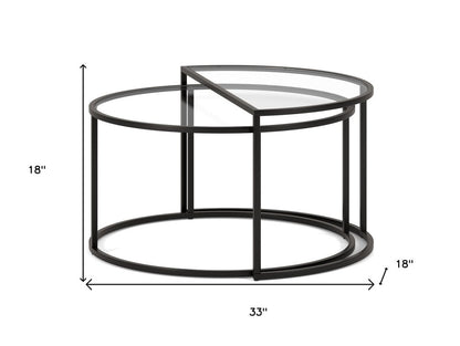 Set of Two Black Glass And Steel Half Circle Frame Nested Coffee Tables