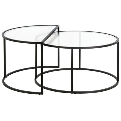 Set of Two Black Glass And Steel Half Circle Frame Nested Coffee Tables
