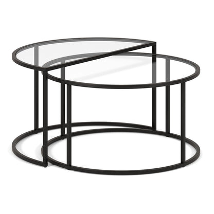 Set of Two Black Glass And Steel Half Circle Frame Nested Coffee Tables