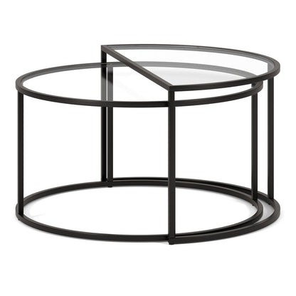 Set of Two Black Glass And Steel Half Circle Frame Nested Coffee Tables