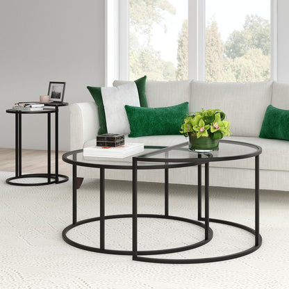 Set of Two Black Glass And Steel Half Circle Frame Nested Coffee Tables